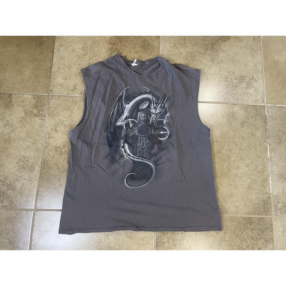 Vintage Y2K Dragon Slayer Goth Mens Sz XL Dark Gray Graphic Muscle Shirt